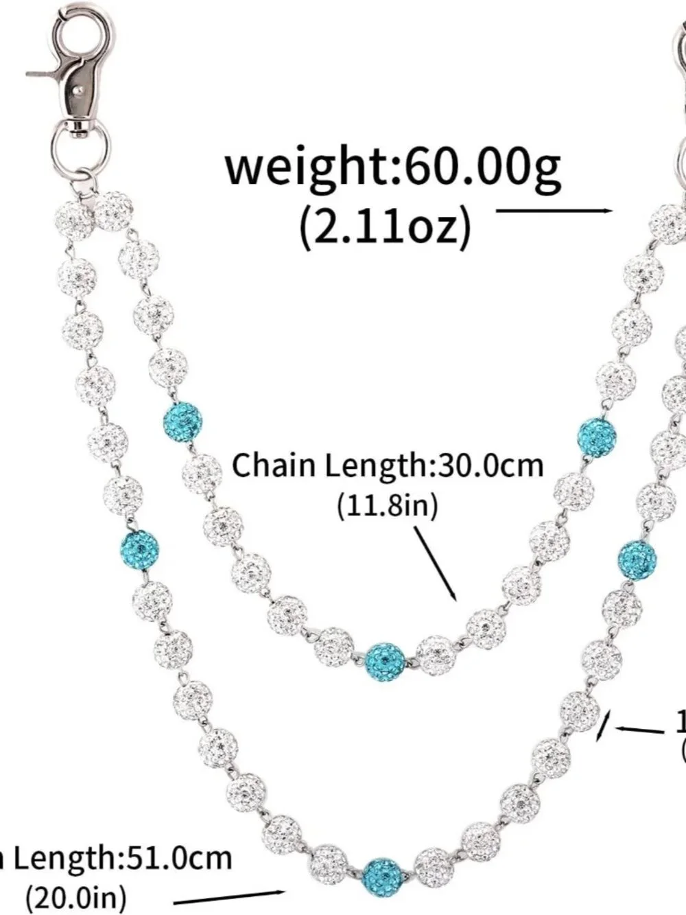 Rhinestone Ball Jeans Chain, Double Layer Crystal Waist Chain, Silver & Blue Spa